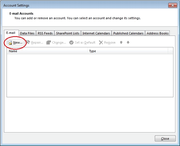 03 - Click New -Outlook Email Setup