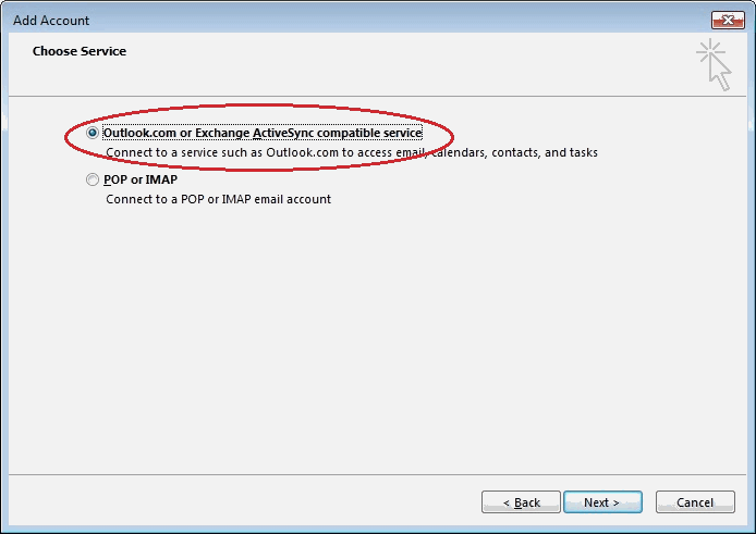 05 - Select Outlook.com or Exchange ActiveSync compatible service -Outlook Email Setup